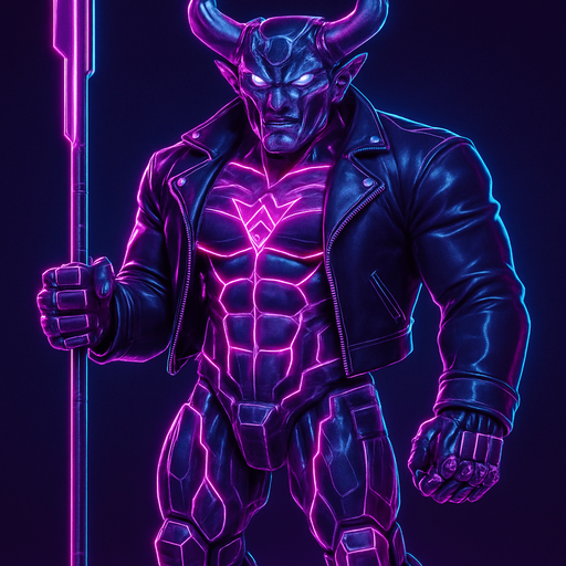 Black leather biker jacket longsleeves bare segmented neon cyberpunk pecs abs muscles robot monster hunk Neon cyberpunk 3d hologram corporate occult demon android mecha robot sentinel guard soldier machine monster fully in frame no part cut off no background anime futuristic