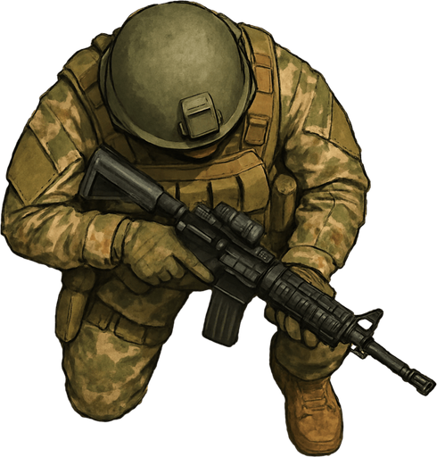 Army Soldier with gun. Topview.