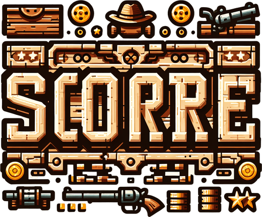 western inspired letters that spell "Score".
Single Game Texture. In-Game asset. 2d. Blank background. High contrast. No shadows.