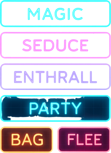 Neon cyberpunk combat menu MAGIC SEDUCE ENTHRALL PARTY BAG FLEE flat hologram glowing outline