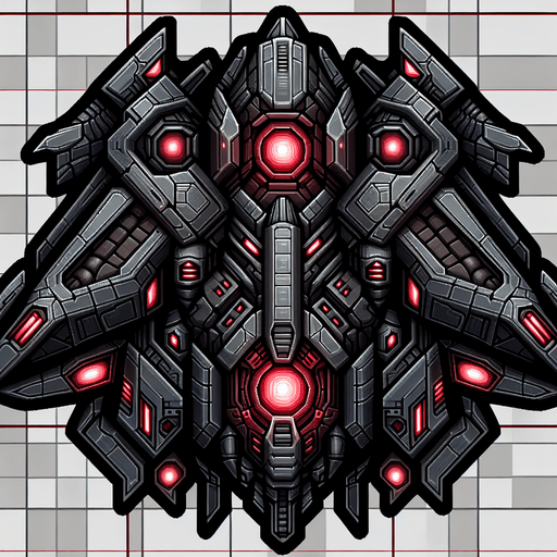 A 2D top-down view of an alien spaceship with a dark metallic body, glowing red energy cores, and sharp angular wings. The design is sleek and futuristic, suitable for a space shooter game..
Single Game Texture.  2d.  Blank background.  High contrast.  No shadows