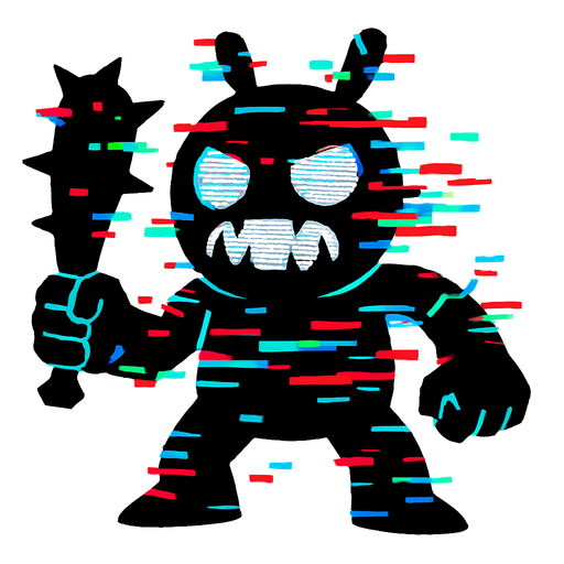 Glitch audio personificado como un enemigo.
In-Game asset.  2d.  High contrast.  No shadows