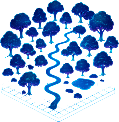 Top down isometric anime cyberpunk forest neon map grid hologram projection