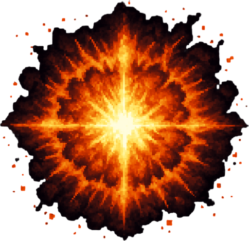"High-quality 2D pixel art of a large magical explosion. The explosion is circular with a dense, fiery core made of layered orange, yellow, and white flames. Surrounding the core are expanding rings of fire and smoke, forming a symmetrical, radial burst pattern. The edges are rough and scattered with glowing embers and pixelated debris. The style mimics SNES-era fantasy RPG pixel effects, with vibrant colors and dramatic lighting. Transparent background.".
In-Game asset.  2d.  High contrast.  No shadows