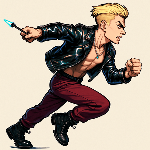 Cyberpunk American manga anime, side profile view running animation frames, shiny black leather biker jacket longsleeves shirtless thin abs pecs necklaces gemstone tipped wand, action shot fierce fashion pose animation blonde undercut pompadour, vampire fangs, wine red joggers, combat boots, Background removed, "Full-body character, entirely in frame, no cropping of face, head, or feet" "Complete character visible, from head to toe, fully centered in the image" "Entire character, including face and boots, fully within the frame" Character fully contained within a square frame, no edges cut off,