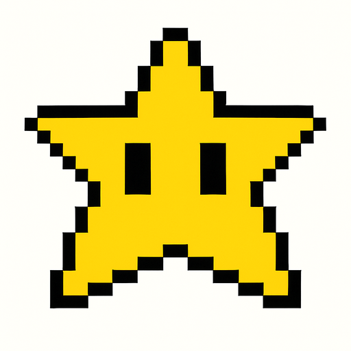 Yellow star with Black eyes style pixel art.
2d.  High contrast.  No shadows