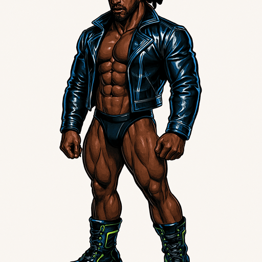 man Cyberpunk manga, African American hunk, shiny black leather biker jacket longsleeves shirtless muscles, jockstrap combat boots, Background removed, "Full-body character, entirely in frame, no cropping of face, head, or feet" "Complete character visible, from head to toe, fully centered in the image" "Entire character, including face and boots, fully within the frame" Character fully contained within a square frame, no edges cut off fashion model idle pose