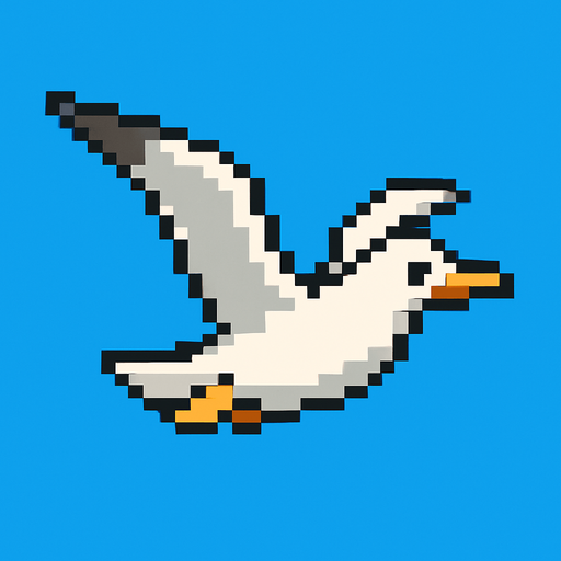 seagull looking to the right, pixelart, flying.
In-Game asset.  2d.  High contrast.  No shadows