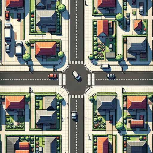 a two way road with houses upper view two d.
Single Game Texture.  In-Game asset.  2d.  Blank background.  High contrast.  No shadows