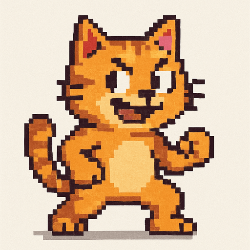 Crea un personaje que sea un gato simpático, estilo pixel art.
Debe estar de pie y verse como si pudiera esquivar cosas.
Que tenga una expresión divertida o decidida.
El fondo debe ser transparente.