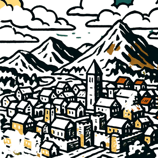 Üstten görünen bulutlu bir hava va aşağıda dağlar ve orta çağ kasabası.
In-Game asset.  2d.  High contrast.  No shadows