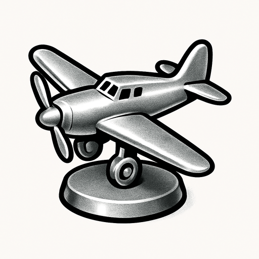 Bana gümüş uçak şeklinde bir monopoly piyonu yap 2d.
In-Game asset.  2d.  High contrast.  No shadows