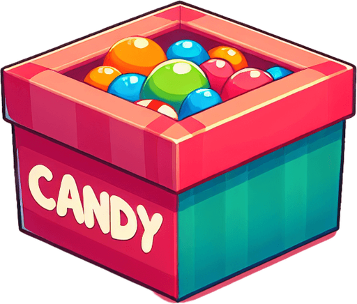 scatola vuota, ma colorata con scritta candy.
Single Game Texture. In-Game asset. 2d. Blank background. High contrast. No shadows.