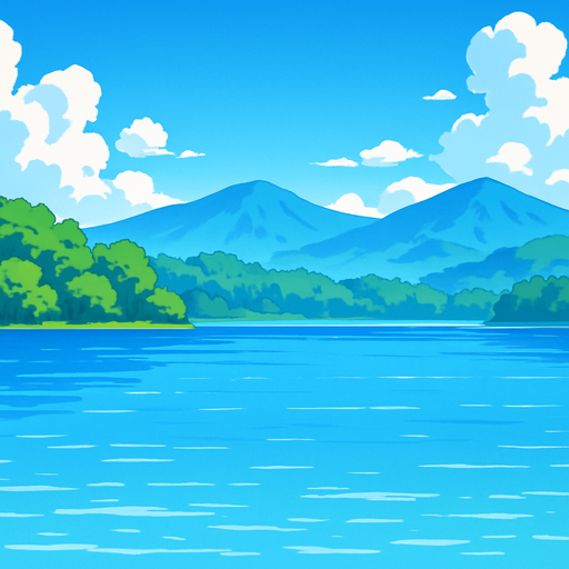 gambar anime tentang danau yang luas di pagi hari. di kejauhan hutan dan pegunungan serta langit cerah.
In-Game asset.  2d.  High contrast.  No shadows