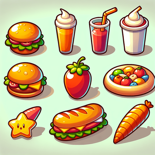 cartoon food.
Single Game Texture.  In-Game asset.  2d.  Blank background.  High contrast.  No shadows