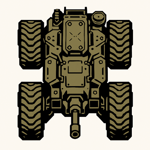 Top view of a Heavy armored military ground drone.
In-Game asset.  2d.  High contrast.  No shadows