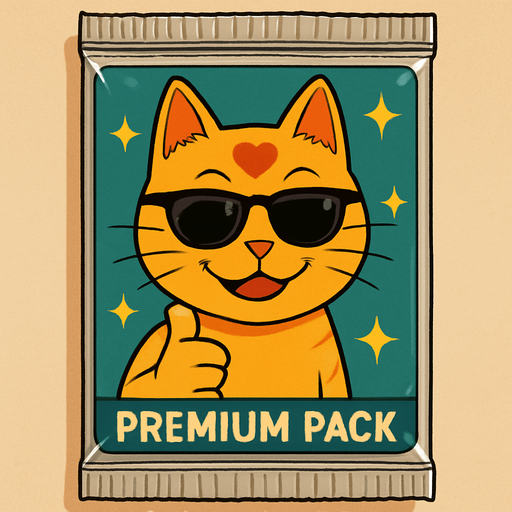 The orange cat from this picture looking straight forwards and smiling, holding out a thumbs up and looking over a pair of sunglasses on the front of a booster pack of collectible cards in plastic and seen from the front. The words “Premium Pack” on the pack underneath the picture. The plastic on the pack has a stars on it.