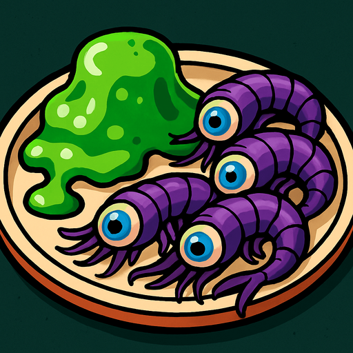 Alien food: Some green, oozing jelly and some purple shrimp with blue Human eyes all on a plate
In-Game asset.  2d.  High contrast.  No shadows.