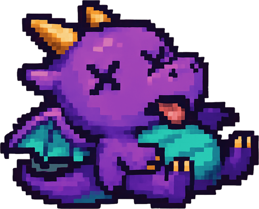 A pixel art version of the baby dragon character shown in a defeated state, designed for a 2D side-scrolling game. The dragon appears to be falling or lying on its back, with X-shaped eyes or closed eyelids. Its wings are limp and slightly spread, the tail droops, and its mouth is slightly open with a small tongue sticking out. The overall design remains cute and fantasy-inspired, with a cartoonish touch, but clearly shows the dragon is no longer active or alive. The colors and features should match the flying version for consistency.