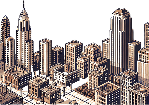 Retro cityscape, pixel art  1930s, sky view, aerial view
Single Game Texture. In-Game asset. 2d. Blank background. High contrast. No shadows.