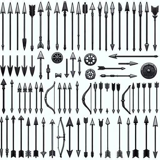 A spritesheet showing a number of different medieval or viking age arrows.
Single Game Texture. In-Game asset. 2d. Blank background. High contrast. No shadows.