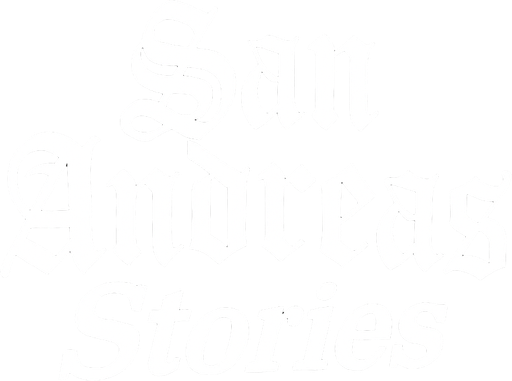 letras blancas con un contorno negro con cursiva. que dicen san andreas stories
In-Game asset.  2d.  High contrast.  No shadows con el tipo de letra del el juego gta san andreas