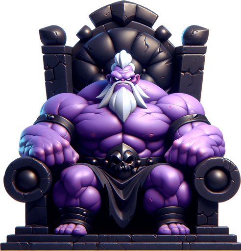 Giant muscular evil wizard with purple skin and a menacing scowl sitting in a black throne..
Single Game Texture. In-Game asset. 2d. Blank background. High contrast. No shadows.