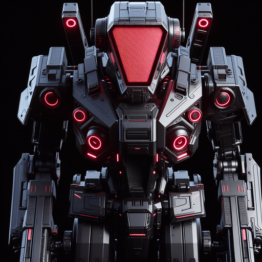 Overhead view. A sleek battle robot with a wide red visor across the head. Three distinct parts, body and two arms. Symmetrical design. Birds Eye view above them looking down on their head. Simple shapes. Low detail. Cyberpunk, black with red glowing highlights..
Single Game Texture. In-Game asset. 2d. Blank background. High contrast. No shadows.