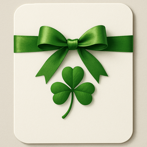 Green ribbon with shamrock in a white paper-card with rounded corners, front view..