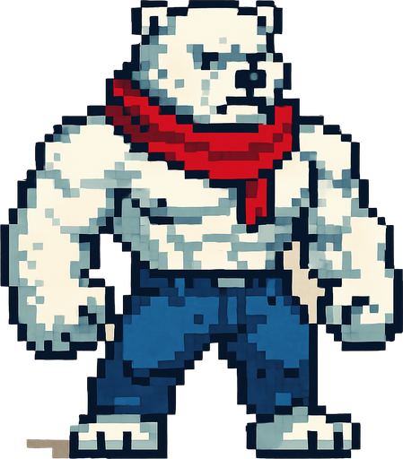 Oso polar furry fuerte con bufanda y pantalones largos y sin camisa, pixeleado.
In-Game asset.  2d.  High contrast.  No shadows