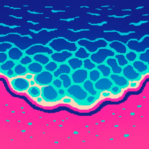 Top down view of a shallow wave water on a beach shore..80s arcade machine graphics. 

In-Game asset.  2d.  High contrast.  No shadows