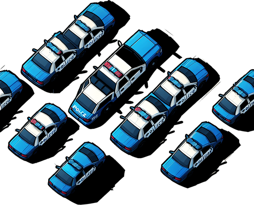 blue top down look of police cars.
Single Game Texture.  In-Game asset.  2d.  Blank background.  High contrast.  No shadows