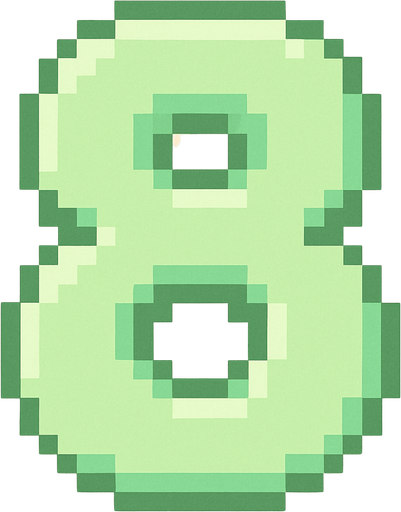 A pixel art number "8" designed for a cozy, cute retro 2D game UI with a bird theme. The number is rendered in soft pastel light green tones to harmonize with the gentle and sweet aesthetic of the game. It has a clean, simple, and rounded pixel style with no harsh edges, fitting perfectly within the pixel art UI style. The number is bold and easily readable at small sizes..
In-Game asset.  2d.  High contrast.  No shadows. pixel art. retro. 2d ui. number. pastel light green. simple. rounded edges. bold. cute. minimal