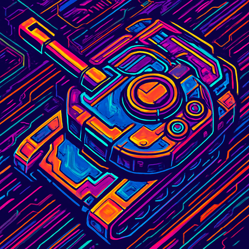 tank upper head part only without the tank. seen from above. with cyberpunk style mixed by abstracts. HD colors. seen from upper side of the tank
In-Game asset.  2d.  High contrast.  No shadows
