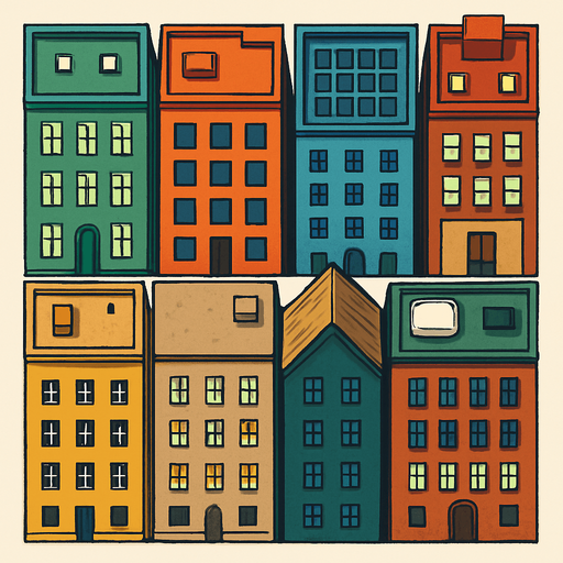 buildings seen from the side of the road from a bird's eye view, but do not draw the road, the buildings should be vertical and unlimited from above.
In-Game asset.  2d.  High contrast.  No shadows