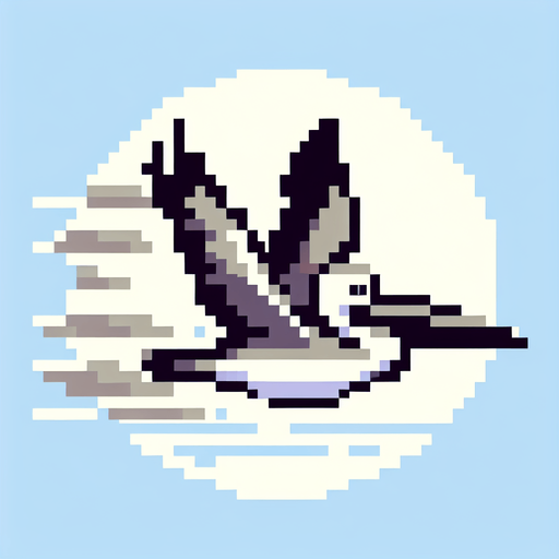 8-bit profile of pelican flying straight.
Single Game Texture. In-Game asset. 2d. Blank background. High contrast. No shadows.