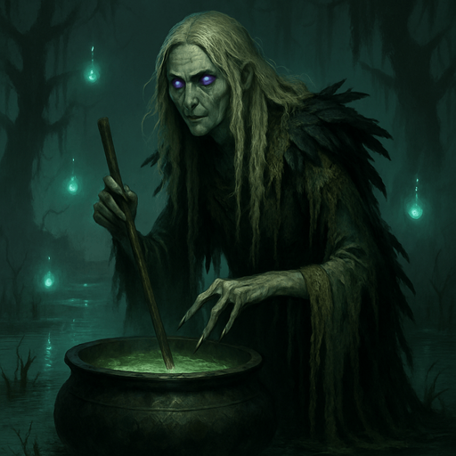 A hauntingly beautiful swamp witch draped in moss-draped robes and raven feathers. Female, 44 years old, tall and willowy, long tangled silver-blonde hair, glowing violet eyes, pale greenish skin marked with old runes. Fingers elongated and tipped with claws. She stirs a cauldron in the middle of a foggy, glowing swamp surrounded by will-o'-wisps. Realistic, highly detailed, eerie mystical style. realistic.
In-Game asset.  2d.  High contrast.  No shadows