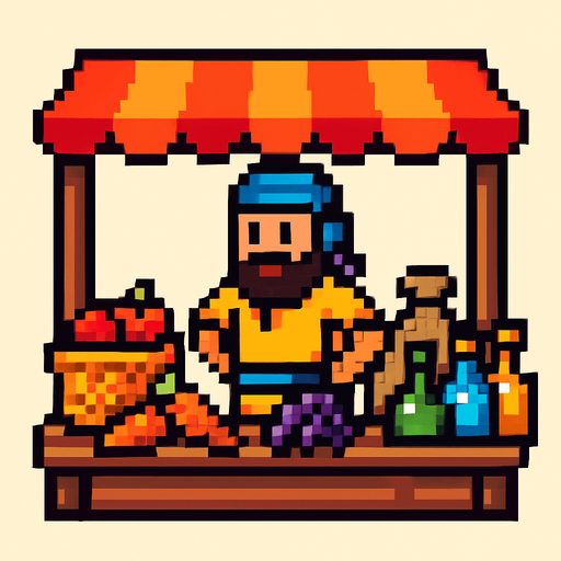 npc market pixelart.
In-Game asset.  2d.  High contrast.  No shadows