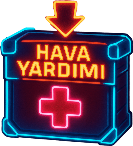 Hava Yardımı kutusu, neon ışıklı.
In-Game asset.  2d.  High contrast.  No shadows