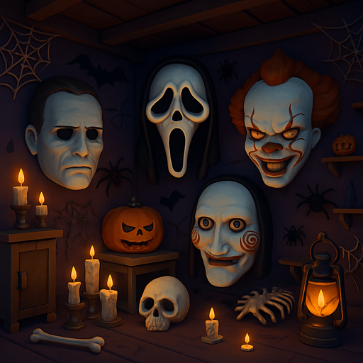 3D Scary room with many 3D decorations around, 3D scary masks of memes from movies around it.
In-Game asset.  3D.  High contrast.  No shadows. no jesus cross. no star of 6. no start of 5. no devil. HD colors