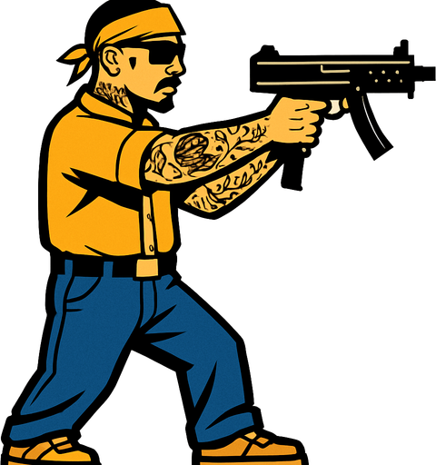 un pandillero mexicano apuntando con un SMG con la perspectiva lateral.
In-Game asset.  2d.  High contrast.  No shadows de cuerpo completo