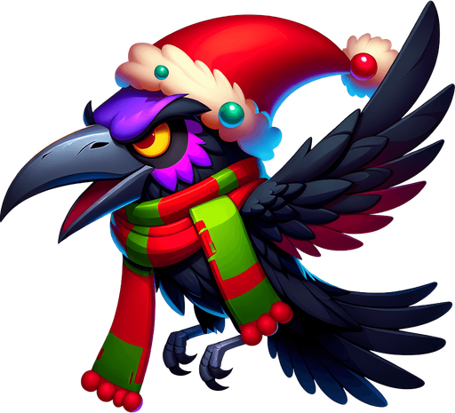 evil flying cartoon raven, sideview, christmas style Single Game Texture. In-Game asset. 2d. Blank background. High contrast. No shadows.