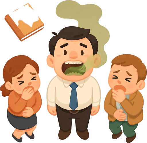 An office worker with extremely bad breath. People getting close get sick.. Full body viewed from the above. Cute soft graphics. soft ambient light. semi-matte to satin surfaces. naturalistic with slight saturation boost colors. Tone is premium, friendly, clean with lifestyle or service-oriented appeal.
In-Game asset.  2d.  High contrast.  No shadows. top down. View from above.