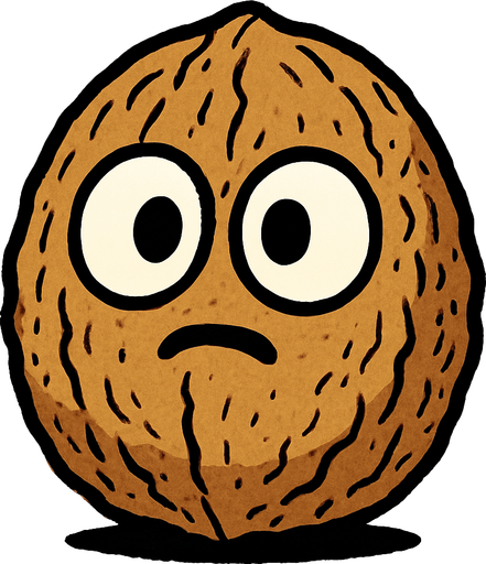 Nuez de color marrón claro, con una textura rugosa que le da un aspecto robusto. Es de forma ovalada, ligeramente más ancha en la base. Tiene dos ojos grandes y blancos con pupilas negras, que miran hacia adelante, y una boca pequeña y sonriente que le da una expresión algo asustadiza o sorprendida..
In-Game asset.  High contrast.  No shadows