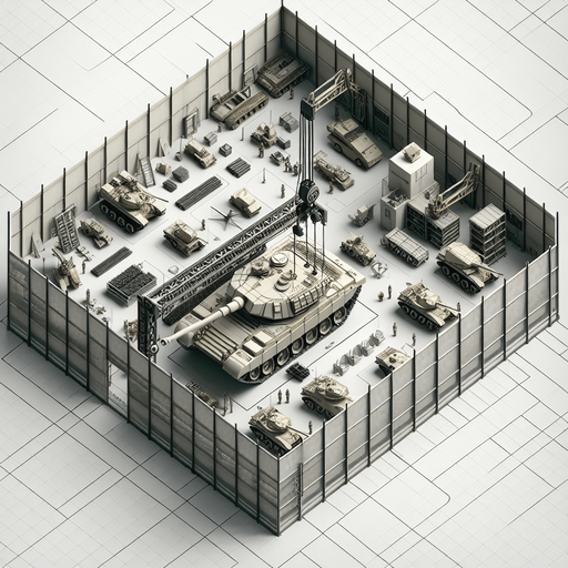 Simple heavy army tank factory buiding a tank with a crane. Square fence...
Zenith view Directly overhead. Plumb view.