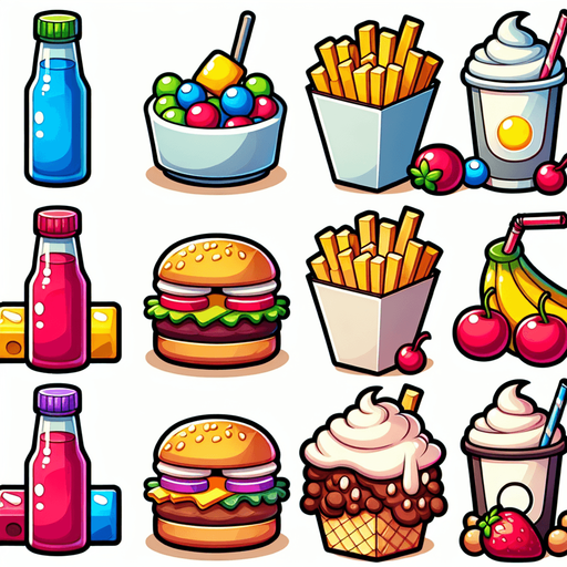 cartoon food.
Single Game Texture.  In-Game asset.  2d.  Blank background.  High contrast.  No shadows