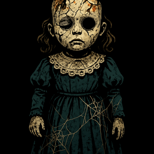 one scary porcelain doll. It is clear from the whiteness of his skin that he has been standing there for years, one eye is completely closed and one eye is open but he has no eyes (jet black). She has suffered blows for years, fractures and burns on her head, and her beautiful dress is covered with cobwebs..
In-Game asset.  2d.  High contrast.  No shadows