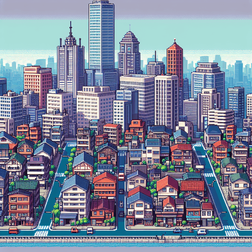 City.
Single Game Texture.  In-Game asset.  2d.  Blank background.  High contrast.  No shadows. Pixel