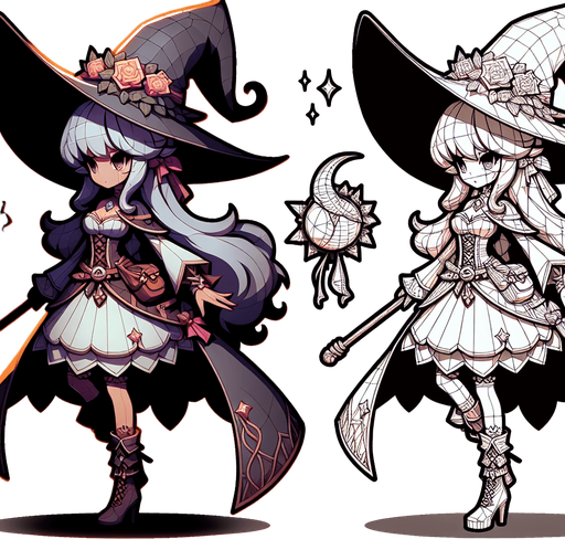 Witch
Single Game Texture. In-Game asset. 2d. Blank background. High contrast. No shadows.