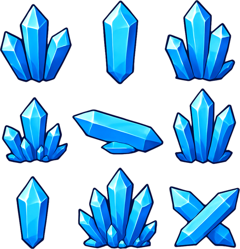 Pack of a different crystal assets. Blue sky color. HD colors..
In-Game asset.  2d.  High contrast.  No shadows